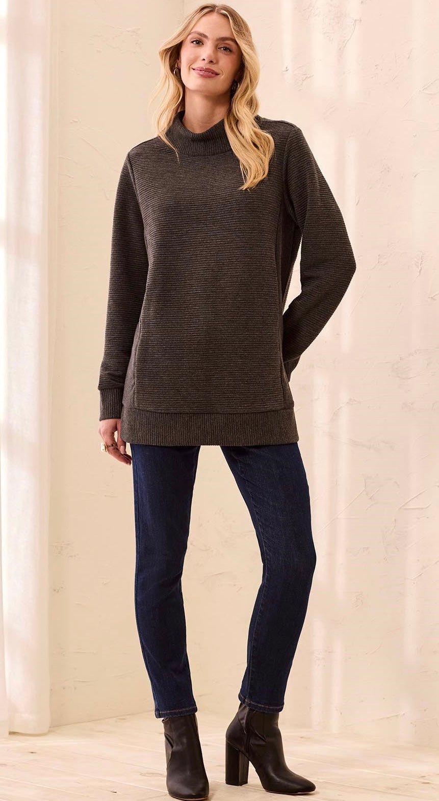 Tribal Women's Ottoman Rib Mock Neck Tunic Sweater - OLIVIA'S