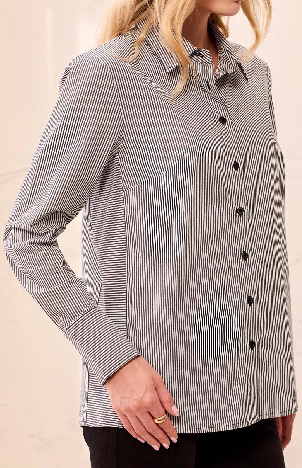 Tribal Women's Striped Stretch Poplin Long Sleeve Button Front Shirt - OLIVIA'S