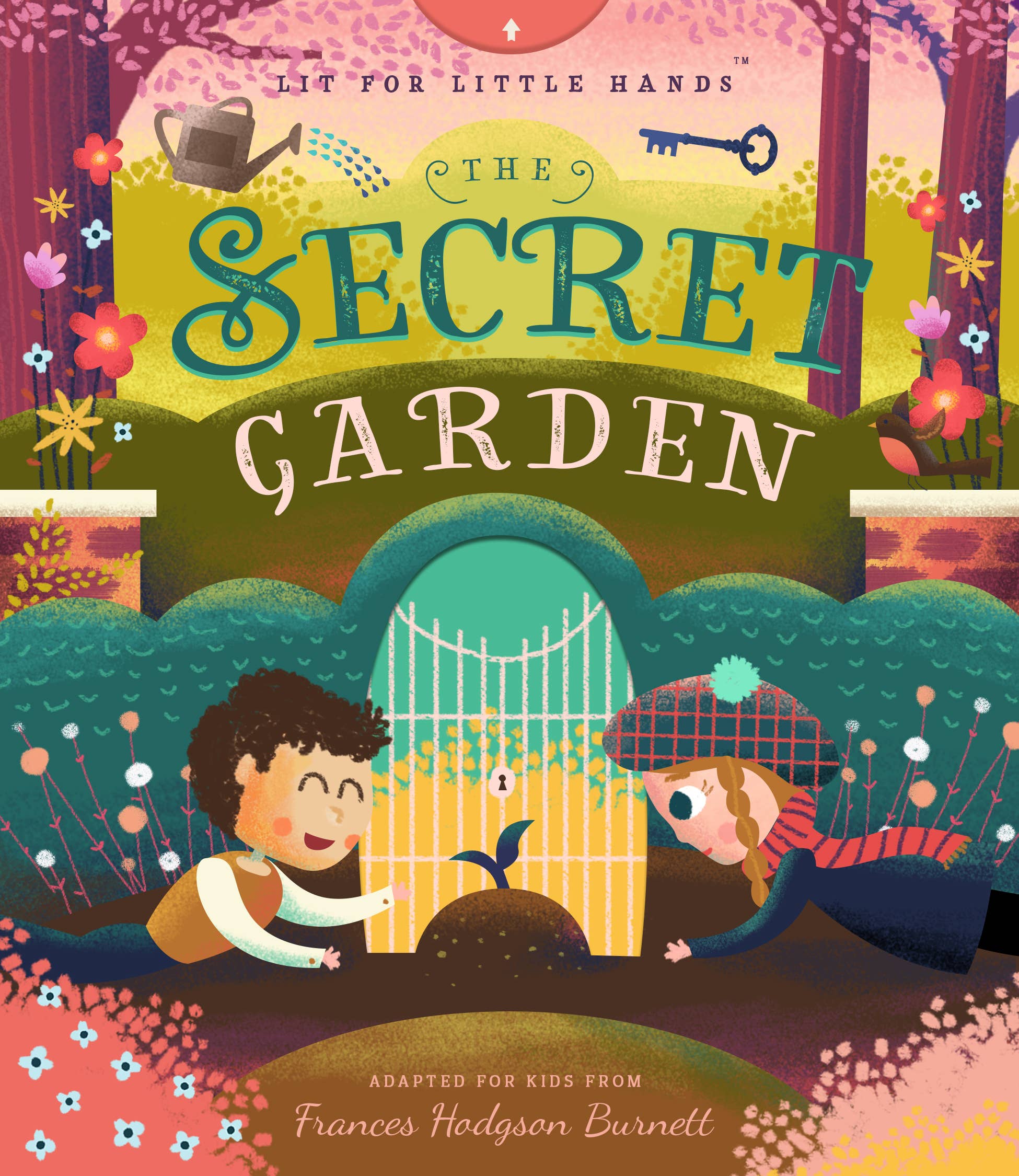 Illustrated book cover of 'The Secret Garden' with two children and a garden gate.