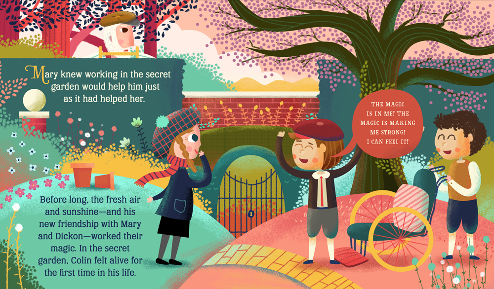 Illustrated children's book page with characters in a garden setting