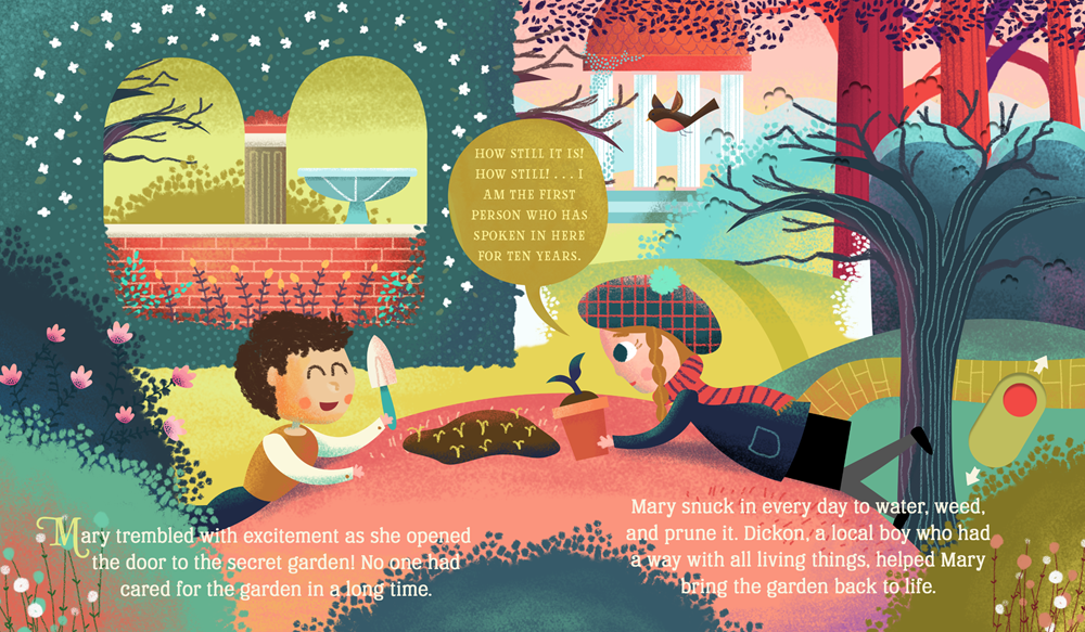 Illustrated children's book page with two children in a garden and text.