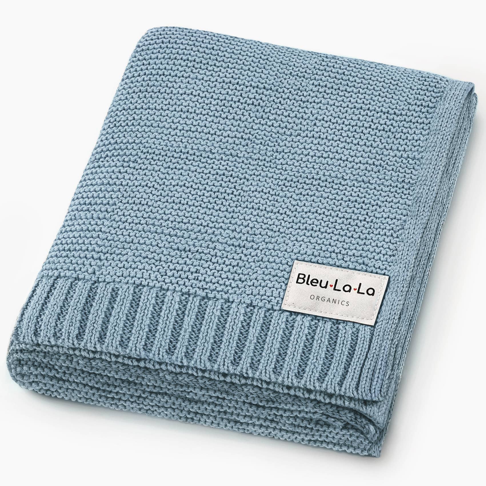 Folded blue knit blanket with 'Bleu La La Organics' label on a white background