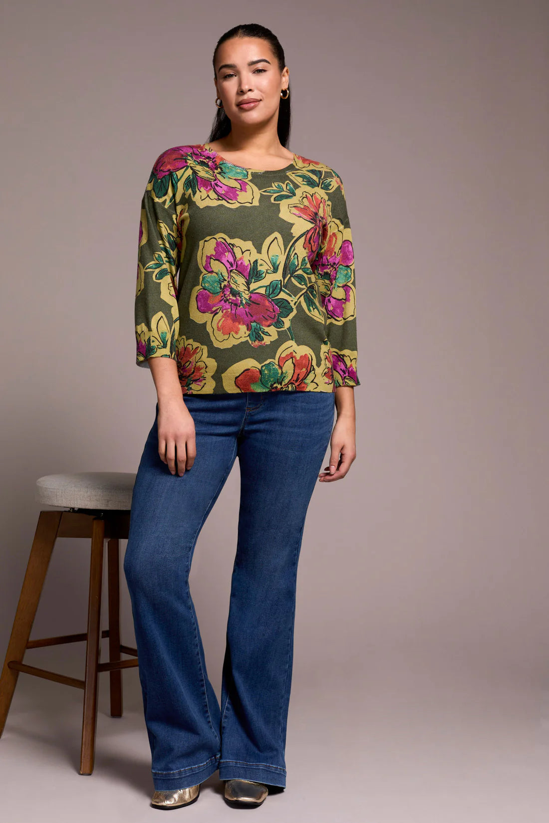 Three-Quarter Sleeve Crewneck Sweater