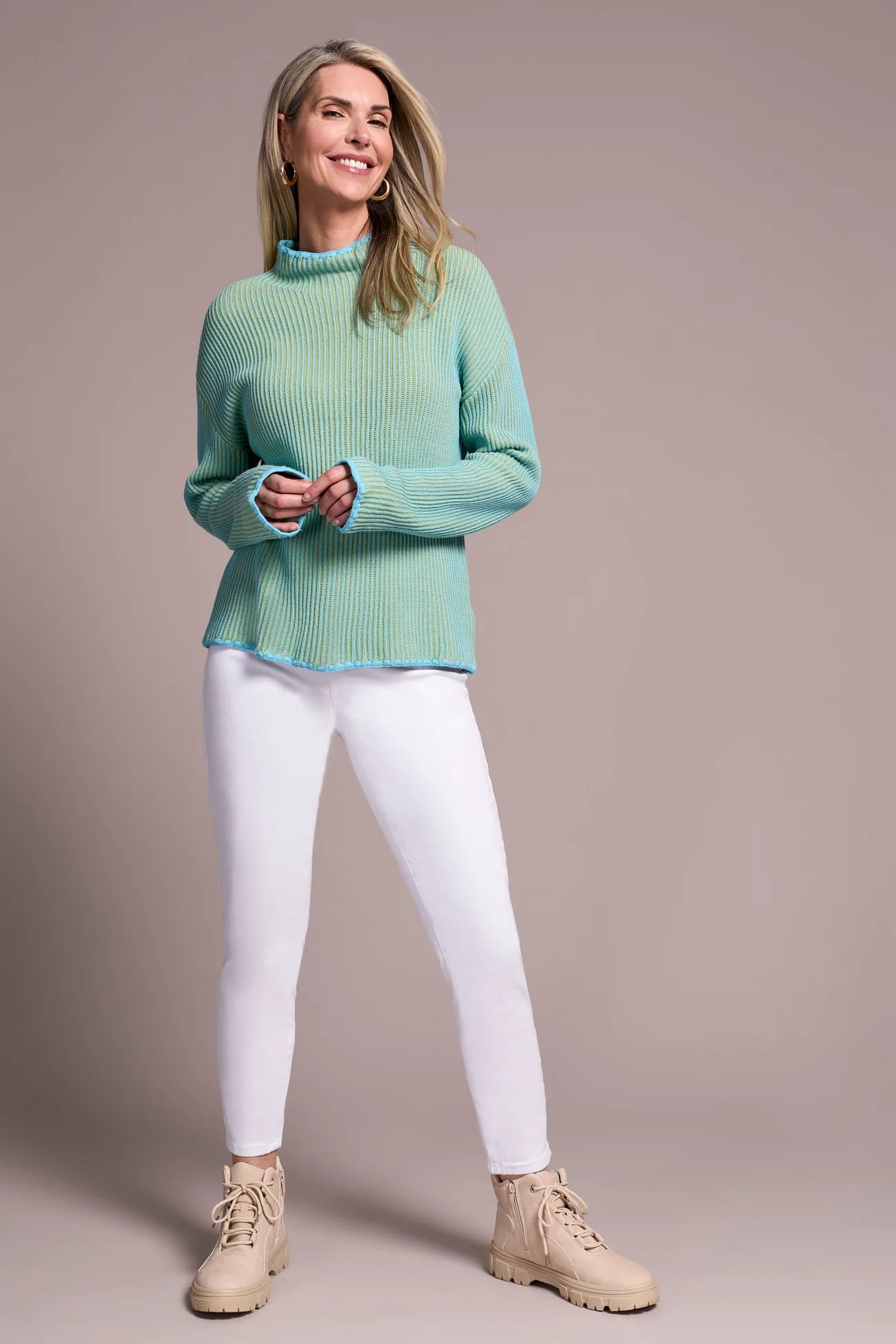 Two-Tone Rib Funnel Neck Sweater