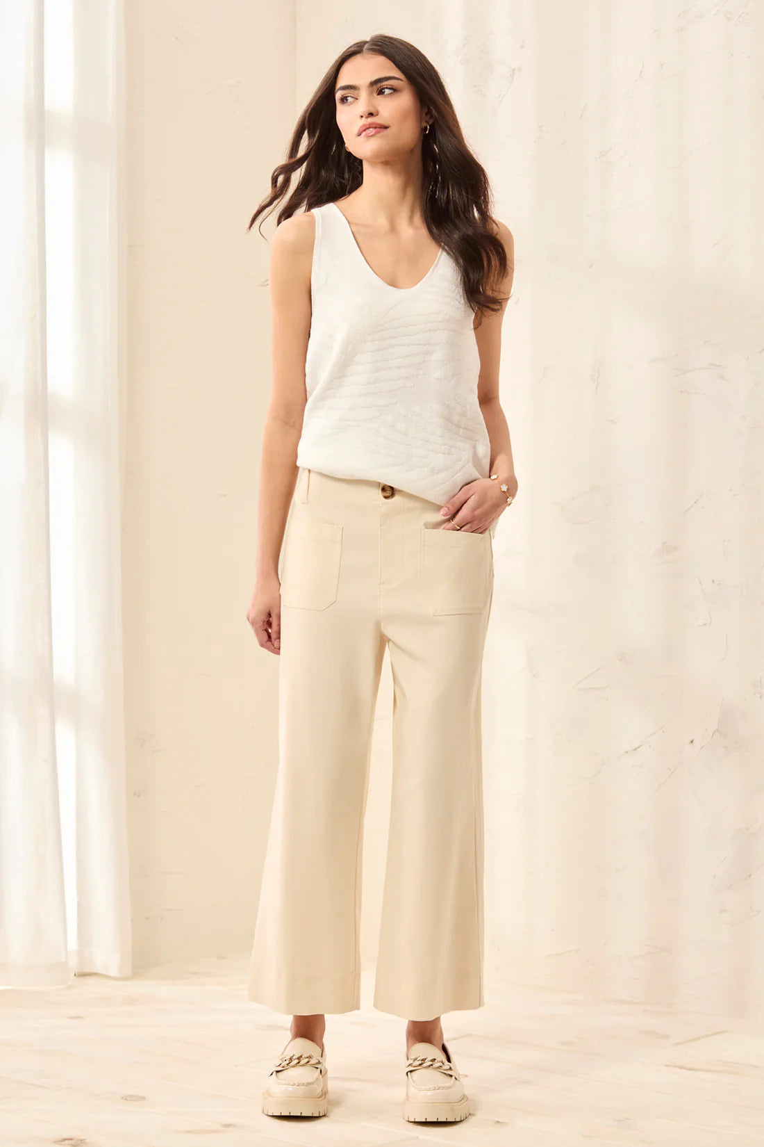 Button Front Wide Leg Ankle Pants
