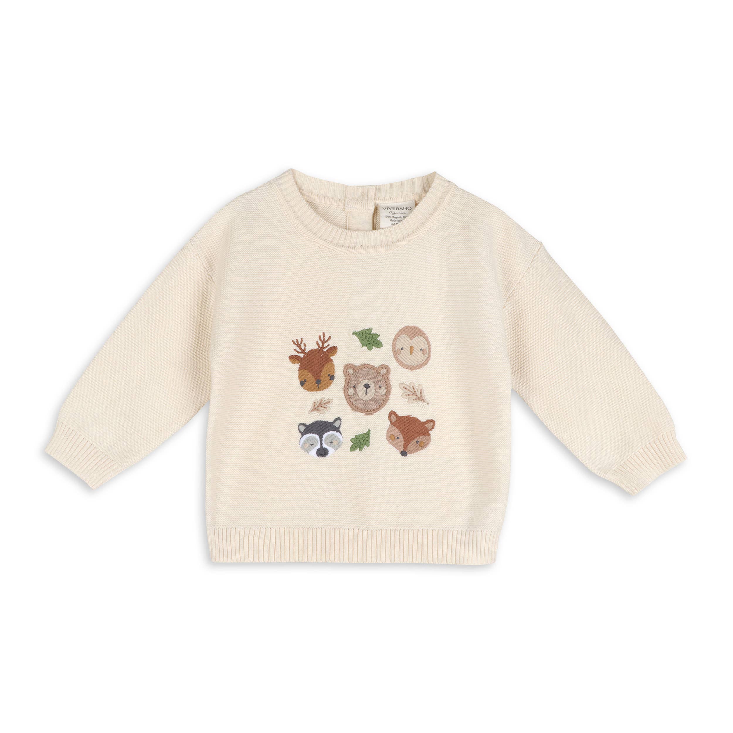 Beige sweater with animal illustrations on a white background