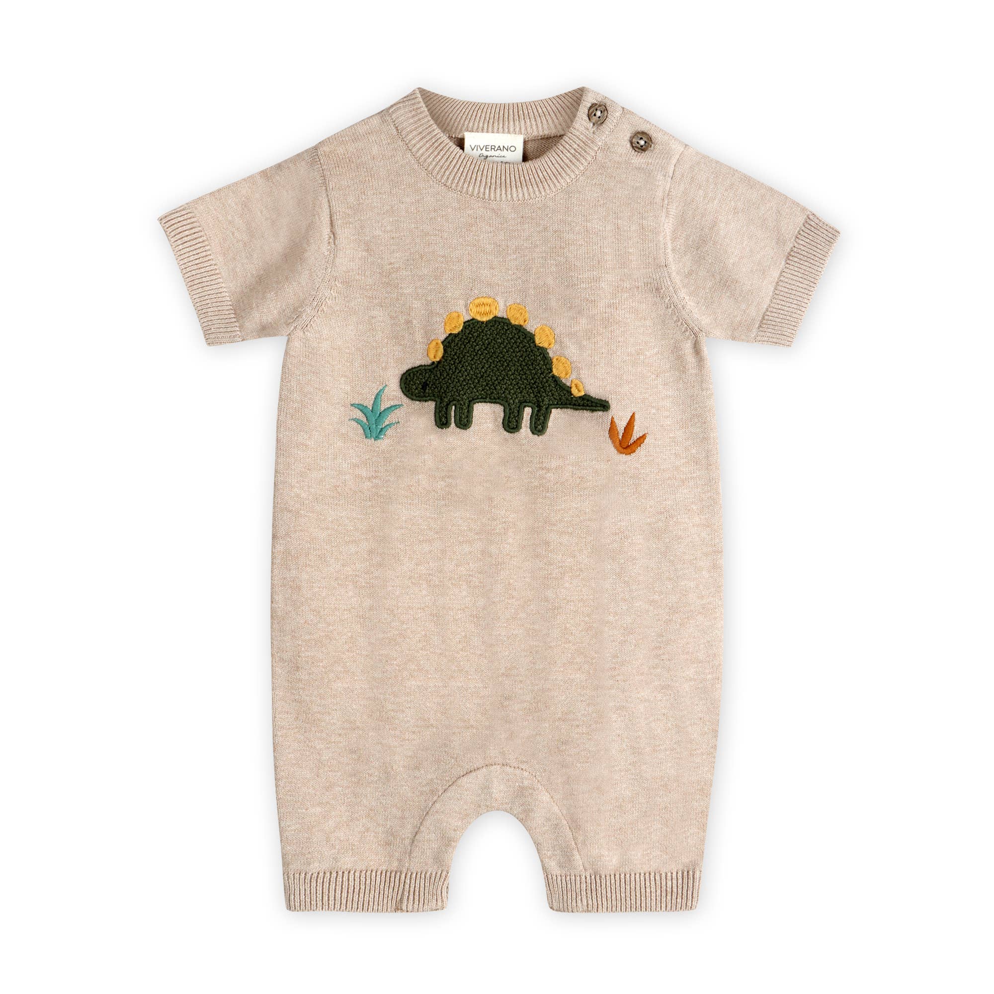 Beige baby romper with dinosaur design on a white background
