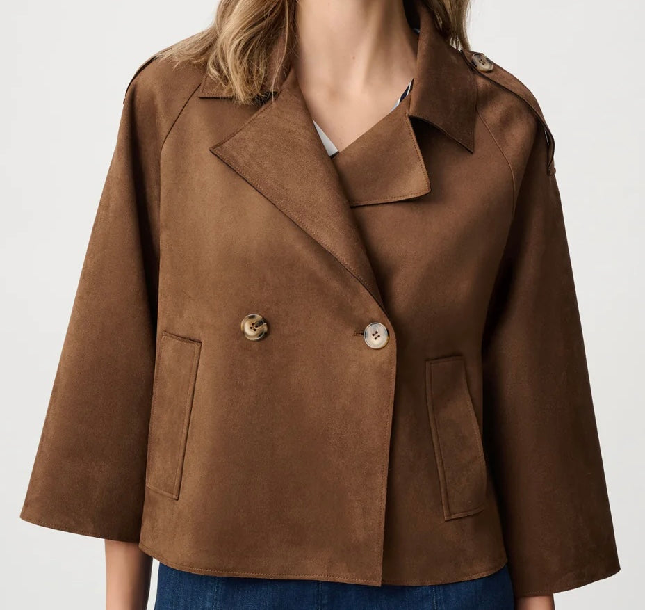 Joseph Ribkoff Women's Scuba Suede Boxy Jacket in caramel brown, full-length front view styled with wide-leg dark denim jeans