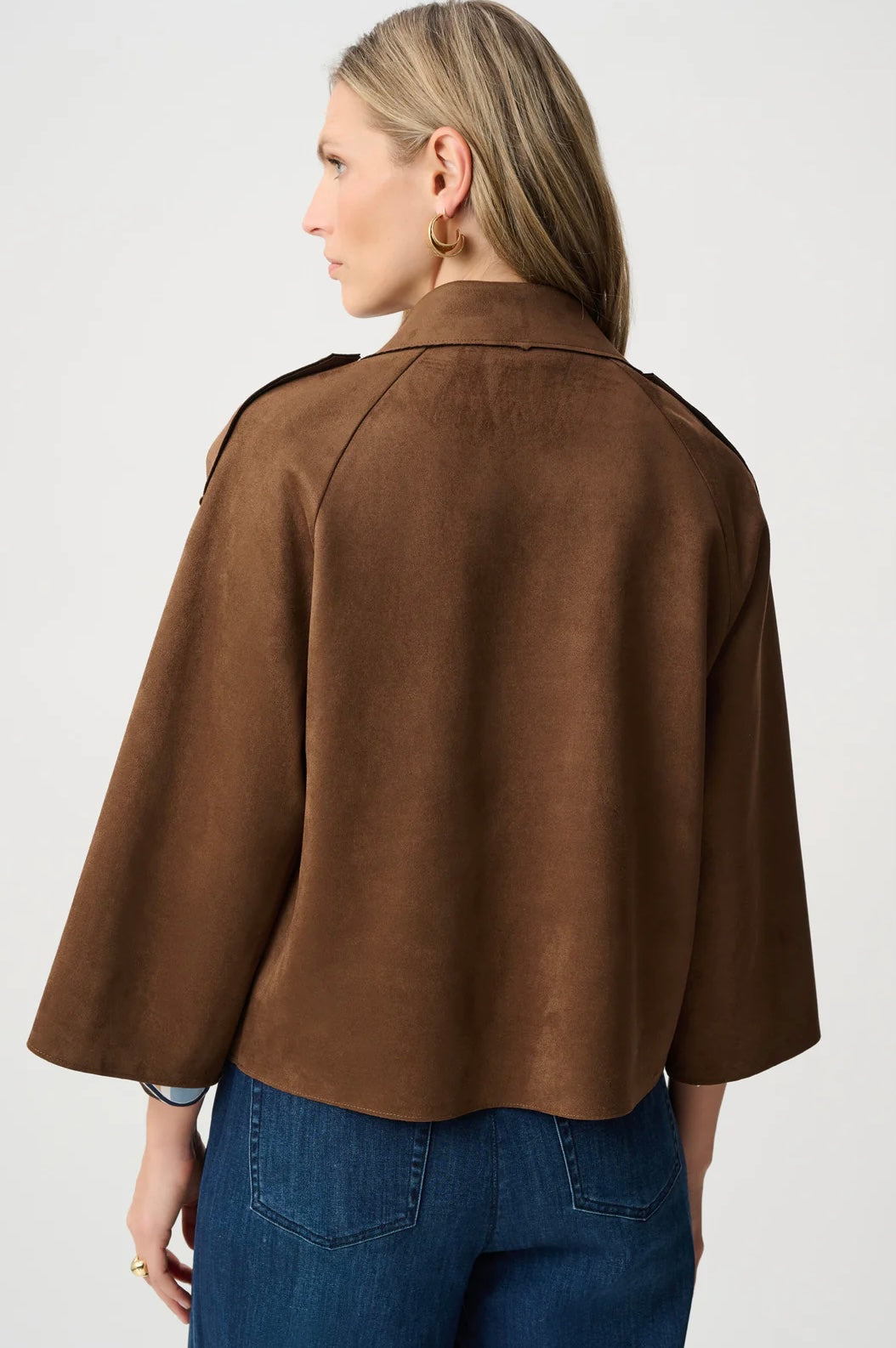 Joseph Ribkoff Women's Scuba Suede Boxy Jacket in caramel brown, full-length front view styled with wide-leg dark denim jeans