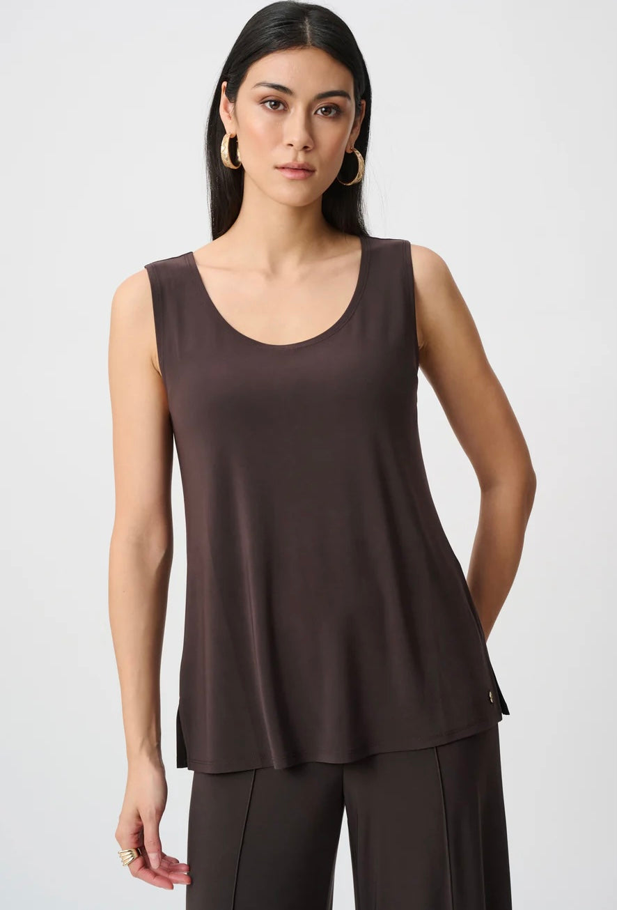 Joseph Ribkoff Silky Knit Scoop Neck Camisole in dark chocolate brown, full-length front view styled with matching wide-leg trousers