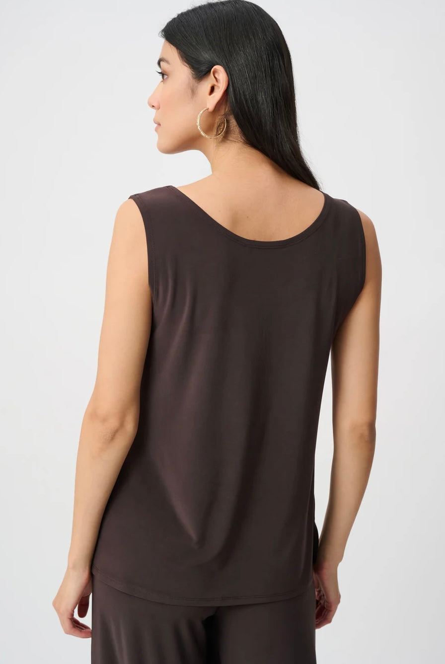Joseph Ribkoff Silky Knit Scoop Neck Camisole in dark chocolate brown, full-length front view styled with matching wide-leg trousers