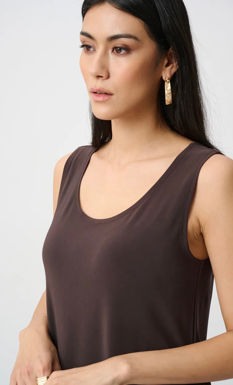 Joseph Ribkoff Silky Knit Scoop Neck Camisole in dark chocolate brown, full-length front view styled with matching wide-leg trousers