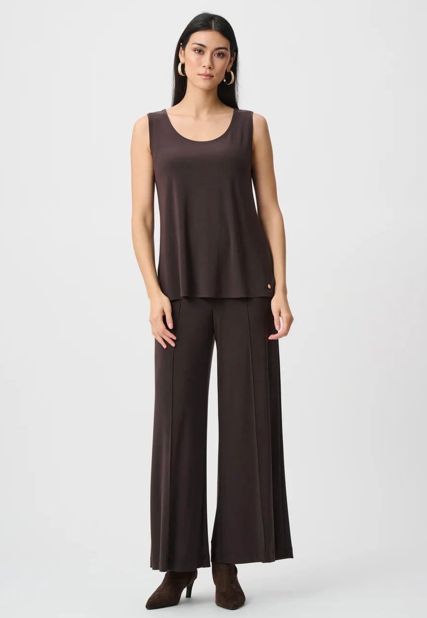 Joseph Ribkoff Silky Knit Scoop Neck Camisole in dark chocolate brown, full-length front view styled with matching wide-leg trousers