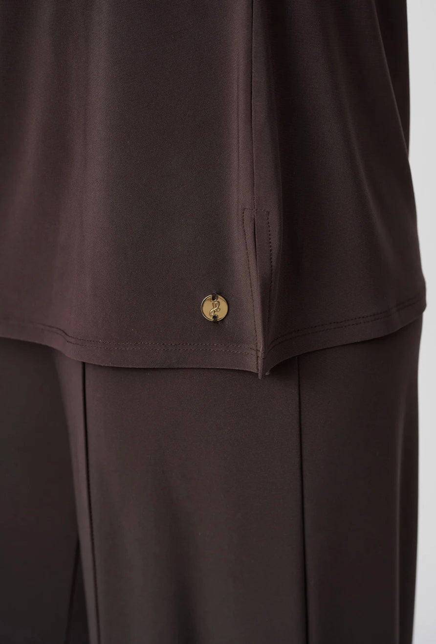 Joseph Ribkoff Silky Knit Scoop Neck Camisole in dark chocolate brown, full-length front view styled with matching wide-leg trousers