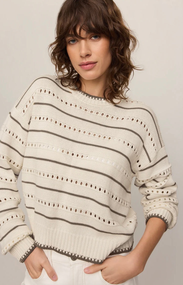 Z Supply Darby Stripe Pointelle Sweater in cream with taupe stripes, full-length front view styled with white denim shorts and strappy sandals