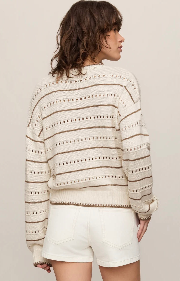 Z Supply Darby Stripe Pointelle Sweater in cream with taupe stripes, full-length front view styled with white denim shorts and strappy sandals