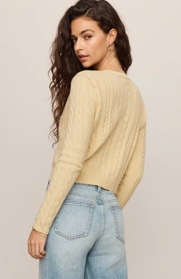 Z Supply Cera Long Sleeve Cardigan in butter yellow, full-length front view styled with light wash wide-leg jeans and sandals