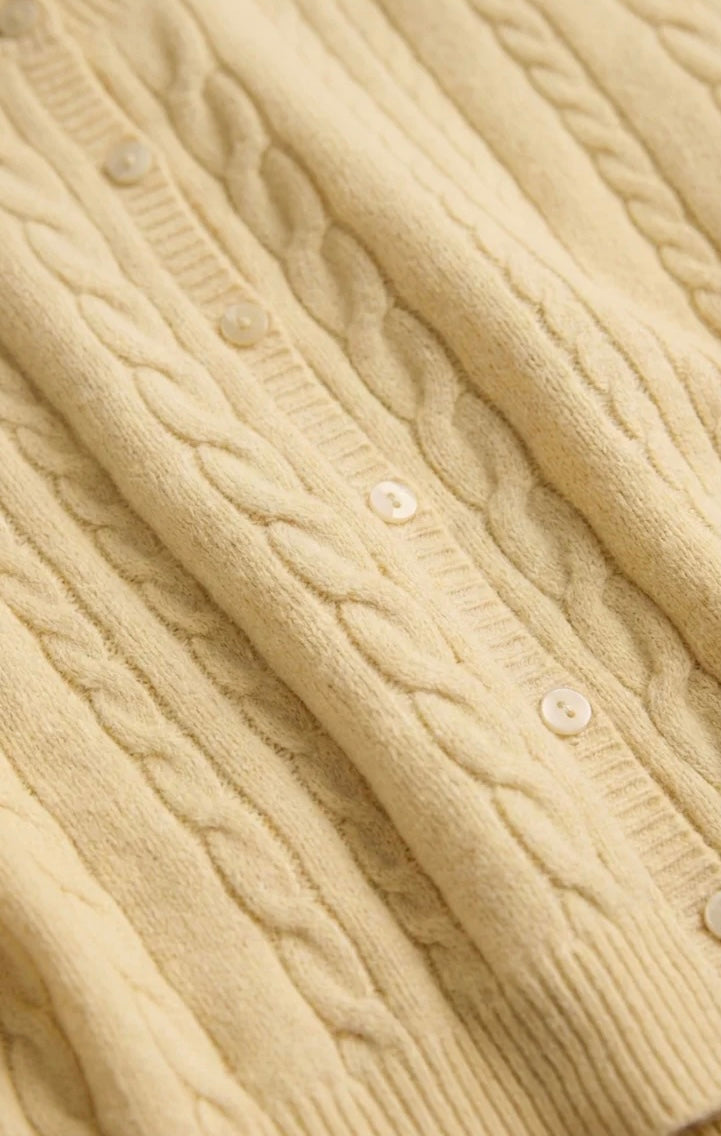 Z Supply Cera Long Sleeve Cardigan in butter yellow, full-length front view styled with light wash wide-leg jeans and sandals