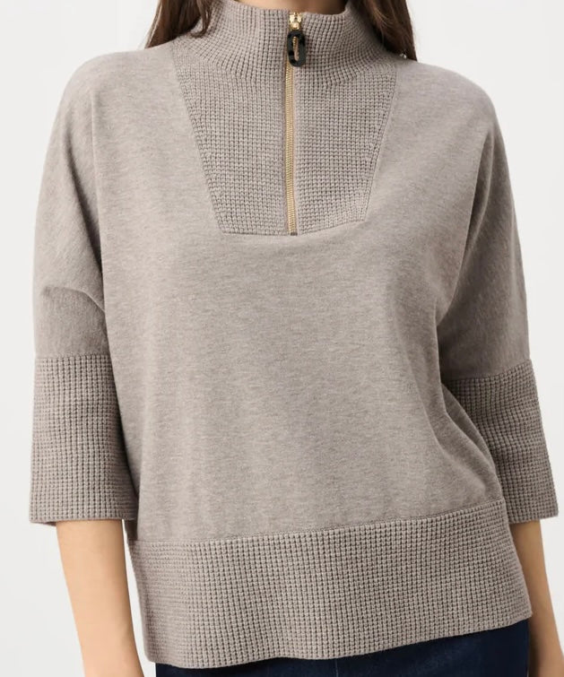 Joseph Ribkoff Brushed Viscose Nylon Funnel-Neck Sweater in taupe, full-length front view styled with dark navy flare jeans and brown heels