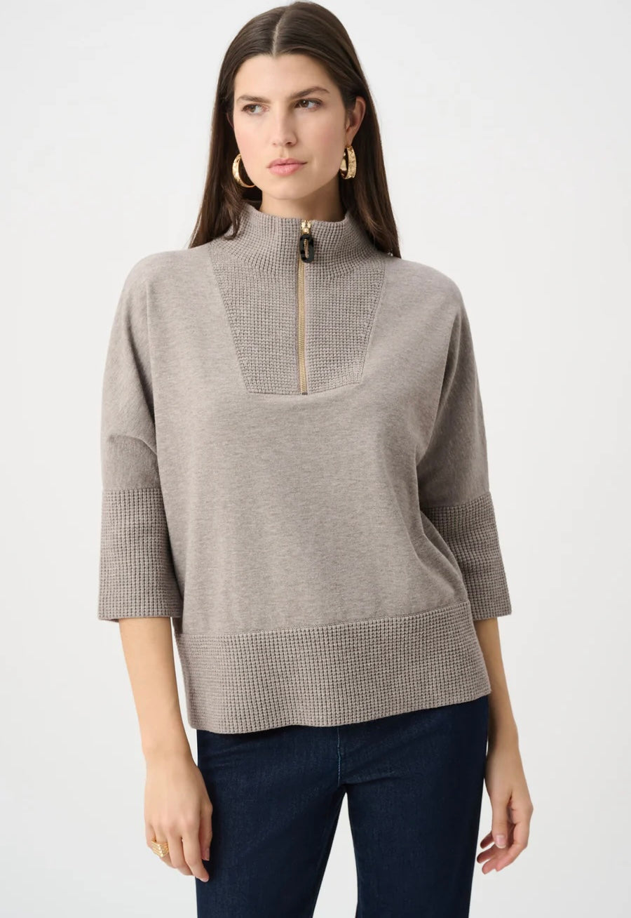 Joseph Ribkoff Brushed Viscose Nylon Funnel-Neck Sweater in taupe, full-length front view styled with dark navy flare jeans and brown heels