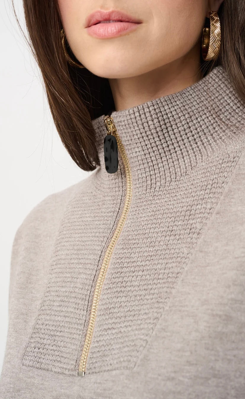 Joseph Ribkoff Brushed Viscose Nylon Funnel-Neck Sweater in taupe, full-length front view styled with dark navy flare jeans and brown heels