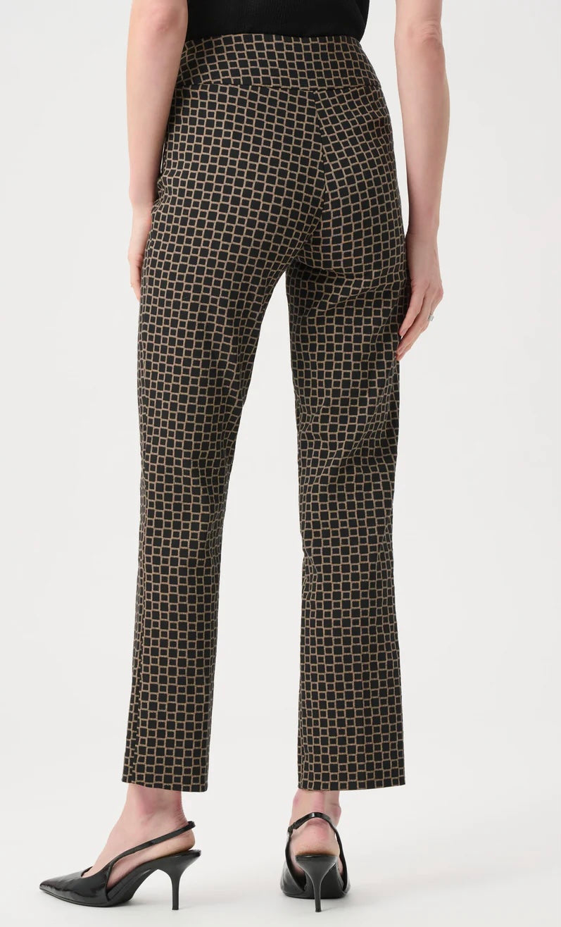 Joseph Ribkoff Geometric Jacquard Straight Pull-On Pant in black and gold, full-length front view styled with black sleeveless turtleneck and black slingback heels