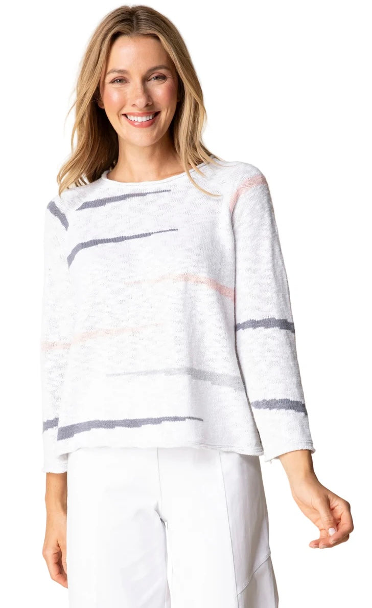 Habitat Boardwalk Pullover in white with grey and blush stripe, full-length front view styled with white wide-leg culottes and white slide sandals