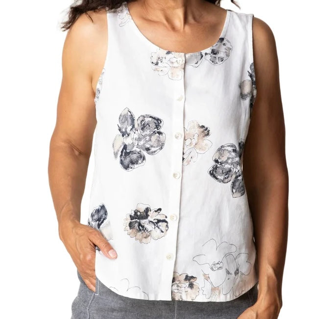 Front view (white background) — "Habitat Women's Linen Floral Print Pleat Back Button Tank in white with navy and taupe watercolor floral print, front view, smiling curly-haired model with hands in pockets, white background"
Back view — "Habitat Women's Linen Floral Print Pleat Back Button Tank in white with navy and taupe watercolor floral print, back view showing pleat detail, styled with grey linen trousers"
Lifestyle front (porch) — "Habitat Women's Linen Floral Print Pleat Back Button Tank in white wit