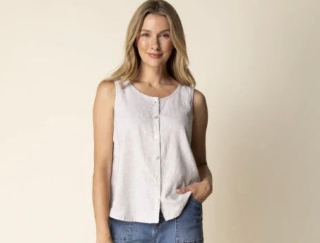Front view (light blue, brunette model) — "Habitat Women's Linen Solid Pleat Back Button Tank in light blue, front view on smiling brunette model, scoop neckline, button front, sleeveless, styled with matching linen trousers, white background"
Front view (white, blonde model) — "Habitat Women's Linen Solid Pleat Back Button Tank in white, front view on smiling blonde model, scoop neckline, button front, relaxed fit, styled with blue wide-leg jeans, cream background"
Back view — "Habitat Women's Linen Solid 