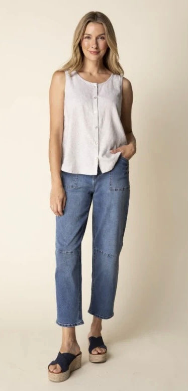 Front view (light blue, brunette model) — "Habitat Women's Linen Solid Pleat Back Button Tank in light blue, front view on smiling brunette model, scoop neckline, button front, sleeveless, styled with matching linen trousers, white background"
Front view (white, blonde model) — "Habitat Women's Linen Solid Pleat Back Button Tank in white, front view on smiling blonde model, scoop neckline, button front, relaxed fit, styled with blue wide-leg jeans, cream background"
Back view — "Habitat Women's Linen Solid 