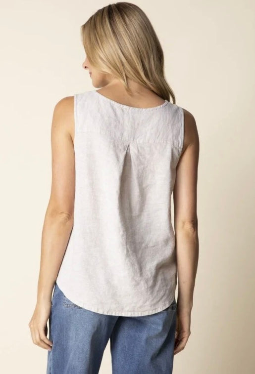 Front view (light blue, brunette model) — "Habitat Women's Linen Solid Pleat Back Button Tank in light blue, front view on smiling brunette model, scoop neckline, button front, sleeveless, styled with matching linen trousers, white background"
Front view (white, blonde model) — "Habitat Women's Linen Solid Pleat Back Button Tank in white, front view on smiling blonde model, scoop neckline, button front, relaxed fit, styled with blue wide-leg jeans, cream background"
Back view — "Habitat Women's Linen Solid 
