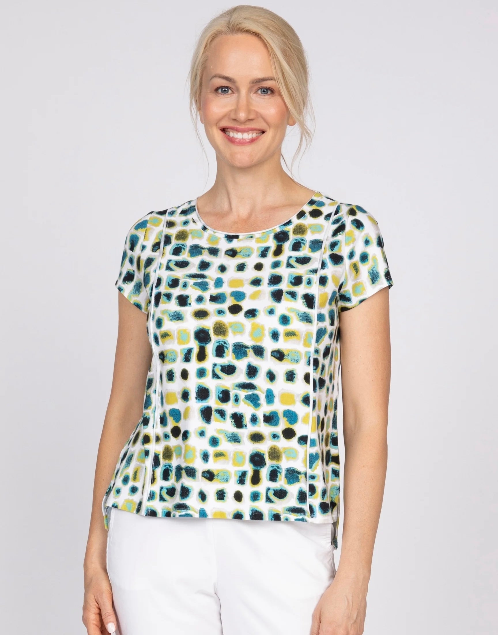 Image 1 (front, full): "Women's dot print knit tee in teal, yellow, and black on white background, front view, round neckline, short sleeves"
Image 2 (back, full): "Women's dot print knit tee in teal, yellow, and black, back view showing relaxed silhouette and short sleeves"
Image 3 (front, torso crop): "Women's dot print knit tee, front torso close-up showing round neckline and abstract dot pattern in teal, yellow, and black"
Image 4 (neckline detail): "Close-up detail of women's knit tee neckline and abst