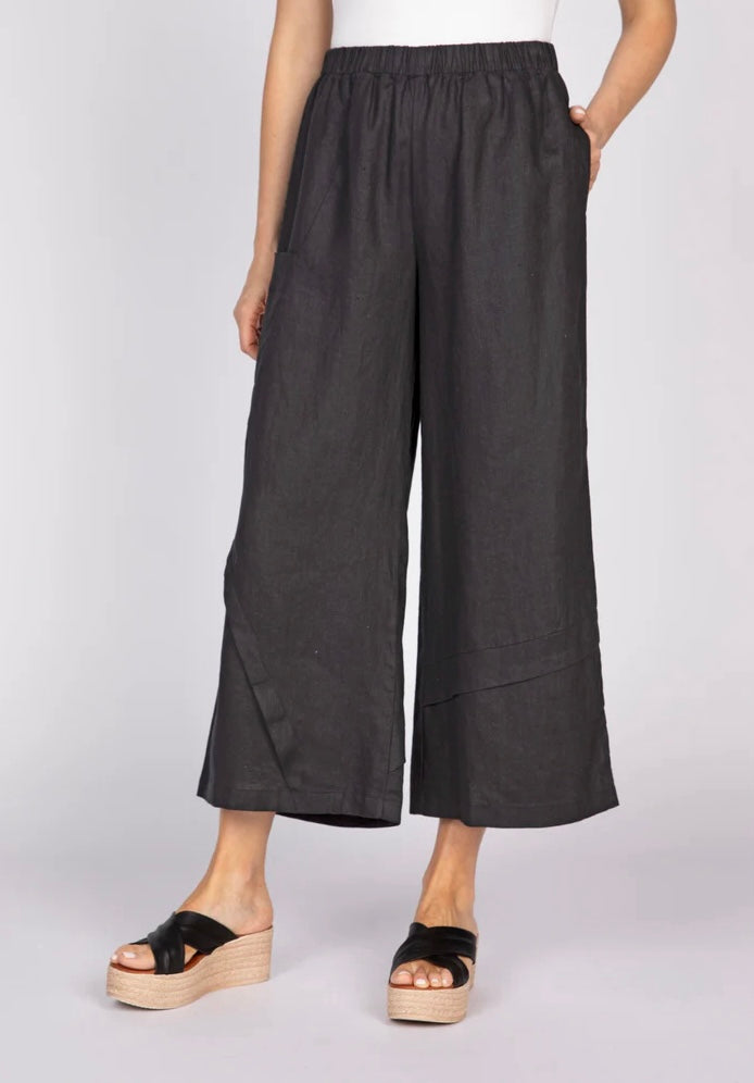 Women's black linen seamed pant styled with crossroads seamed cowl top by Olivia by Habitat