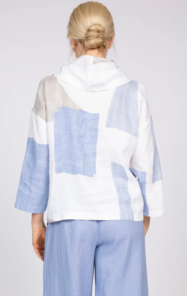 "Back view of Olivia by Habitat coastal colorblock linen cowl top showing hand-painted blue, white, and taupe pattern with 3/4 sleeves"