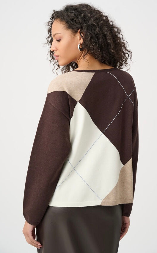  "Joseph Ribkoff Women's Classic Crewneck Sweater in chocolate brown, taupe, and cream argyle colorblock, back view on curly-haired model showing large diamond argyle pattern and long sleeves, white background"