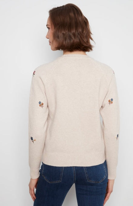 A woman viewed from the back wearing a light beige knit sweater with small embroidered floral details on the shoulders and sleeves, paired with dark blue jeans against a plain white background.