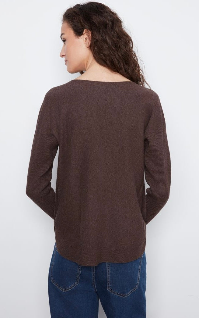 A woman shown from the back wearing a dark brown long-sleeve knit top and blue jeans against a plain white background.