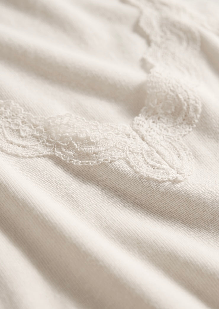 Close-up of a cream-colored knit fabric with delicate white lace trim along the neckline.