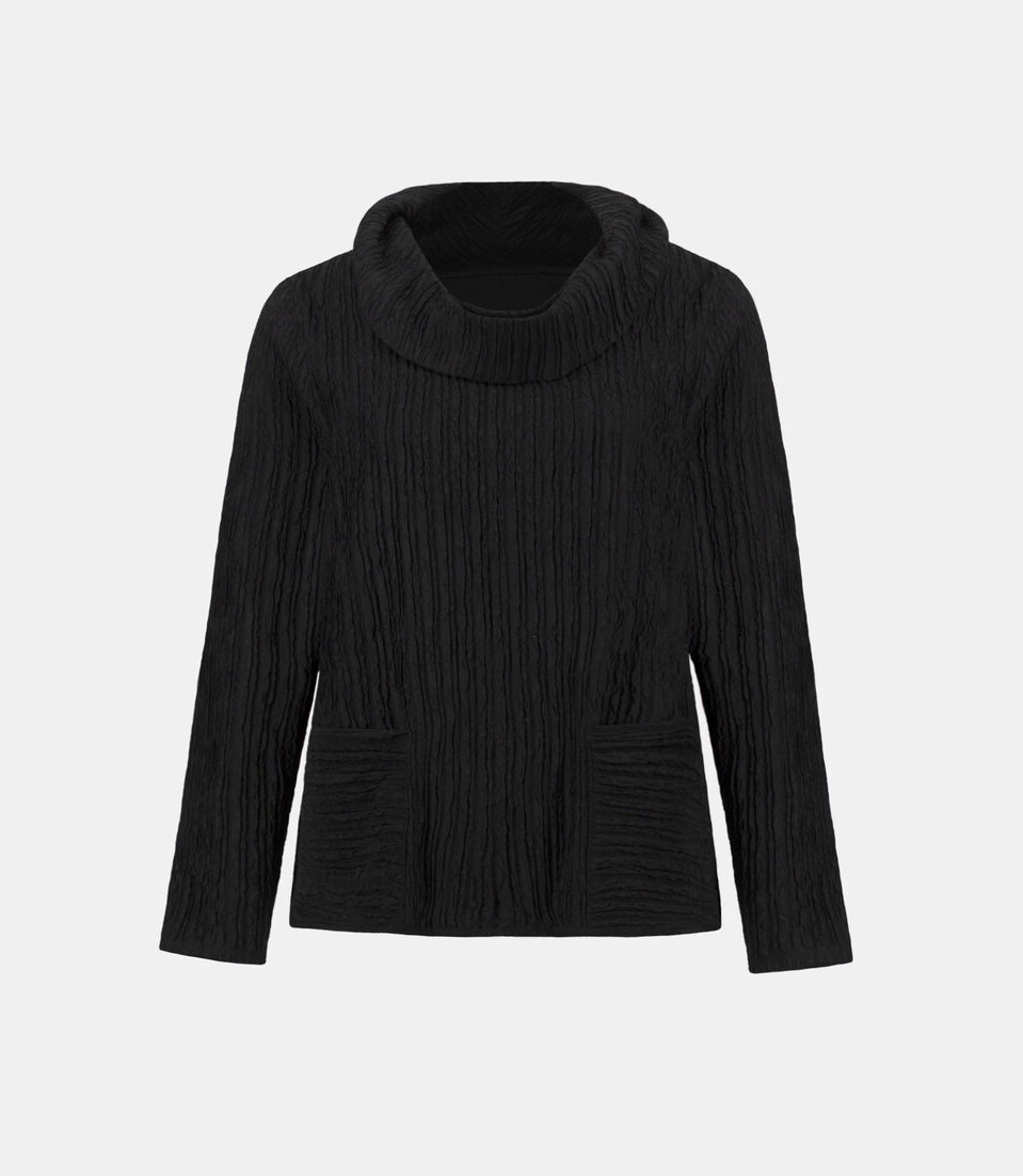 A black long-sleeve textured knit sweater with a high folded collar and front patch pockets, shown against a plain light gray background.