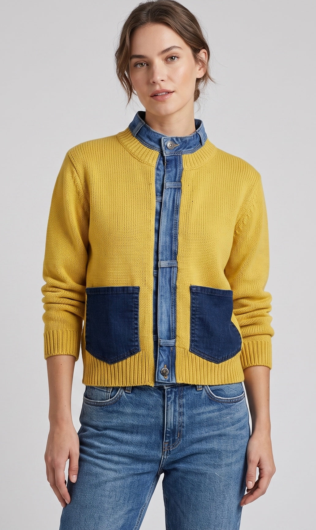 A woman modeling a mustard yellow ribbed knit cardigan with a denim button-up collar, front placket, and two large denim patch pockets, paired with blue jeans against a light gray studio background.