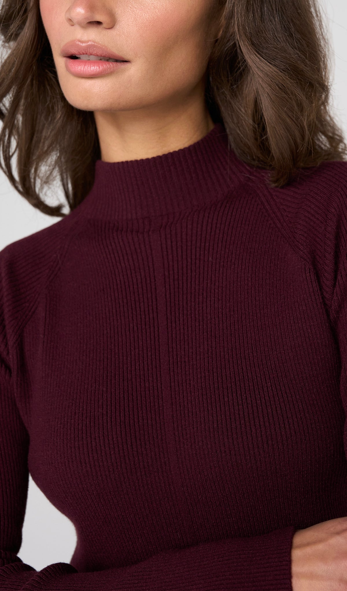 Close-up of a woman wearing a ribbed mock neck sweater in deep burgundy.
