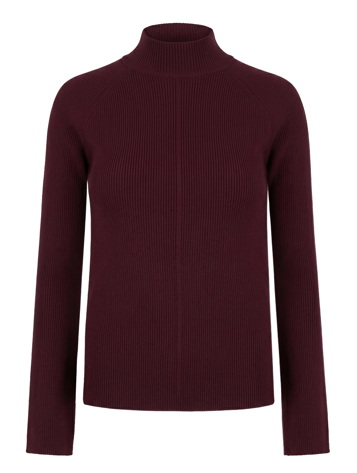 A ribbed knit turtleneck sweater in a deep burgundy color, displayed on a clean white background.