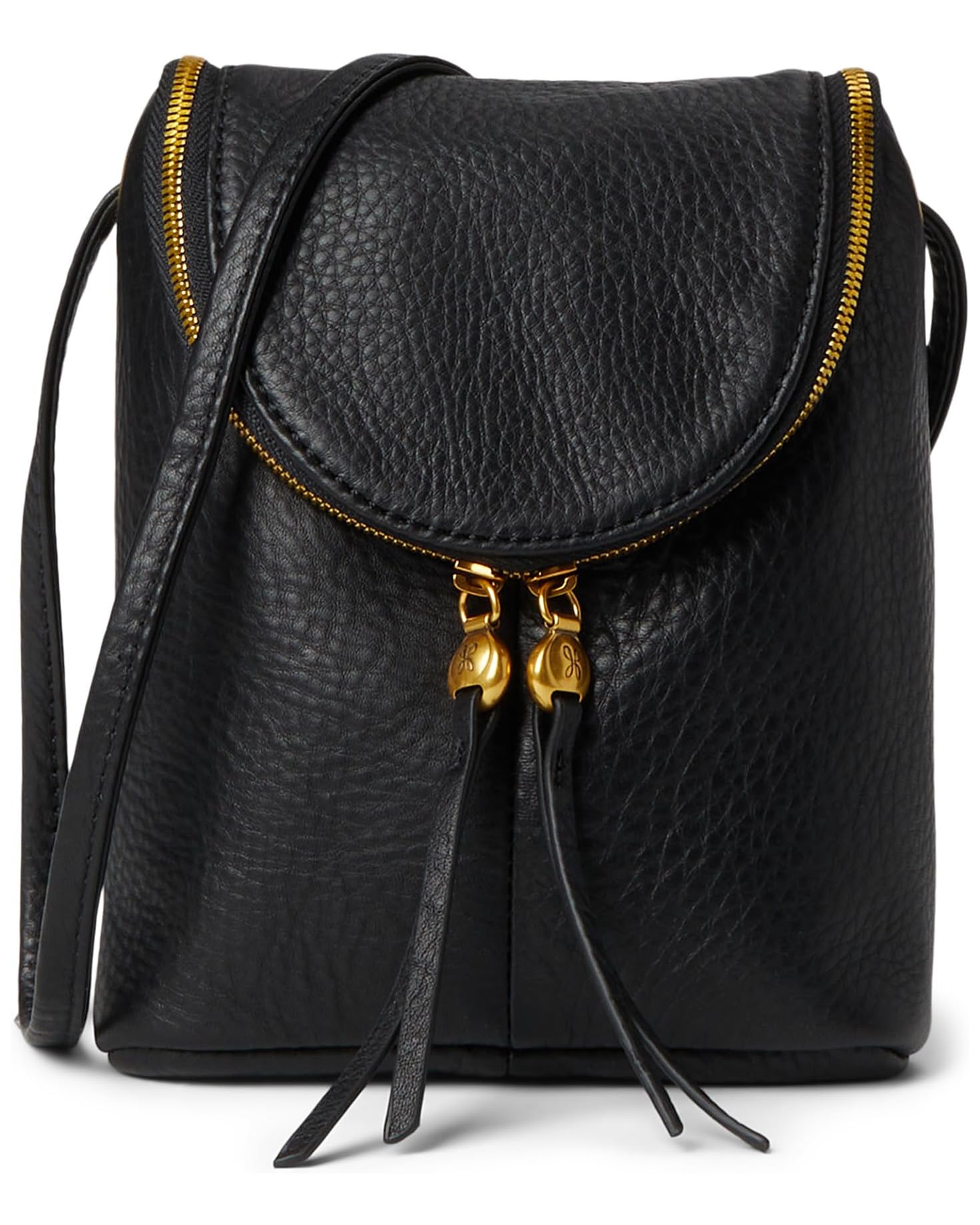 Black leather handbag with gold accents
