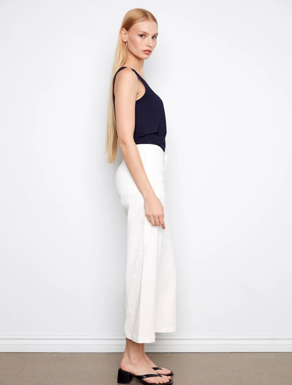 Charlie B Wide Leg Twill Pants With Scalloped Edges