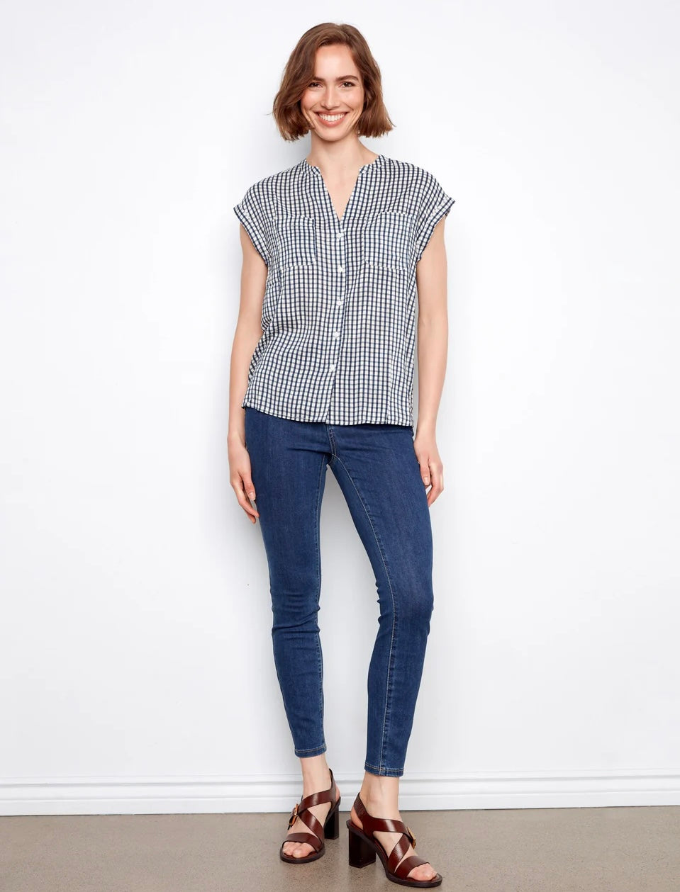 Charlie B Printed Gingham Button-Up Blouse