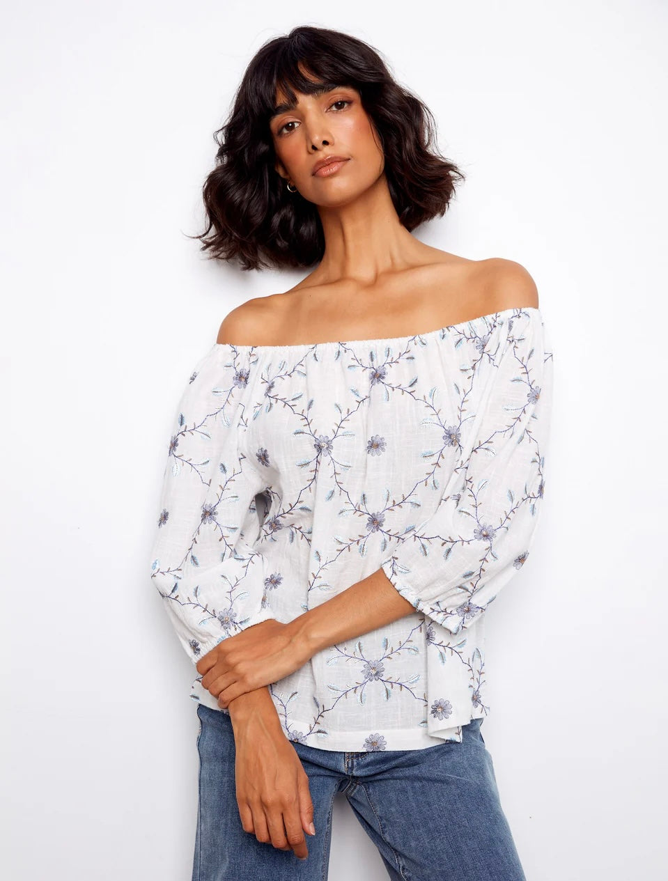 Charlie B Embroidered Cotton Off-Shoulder Blouse