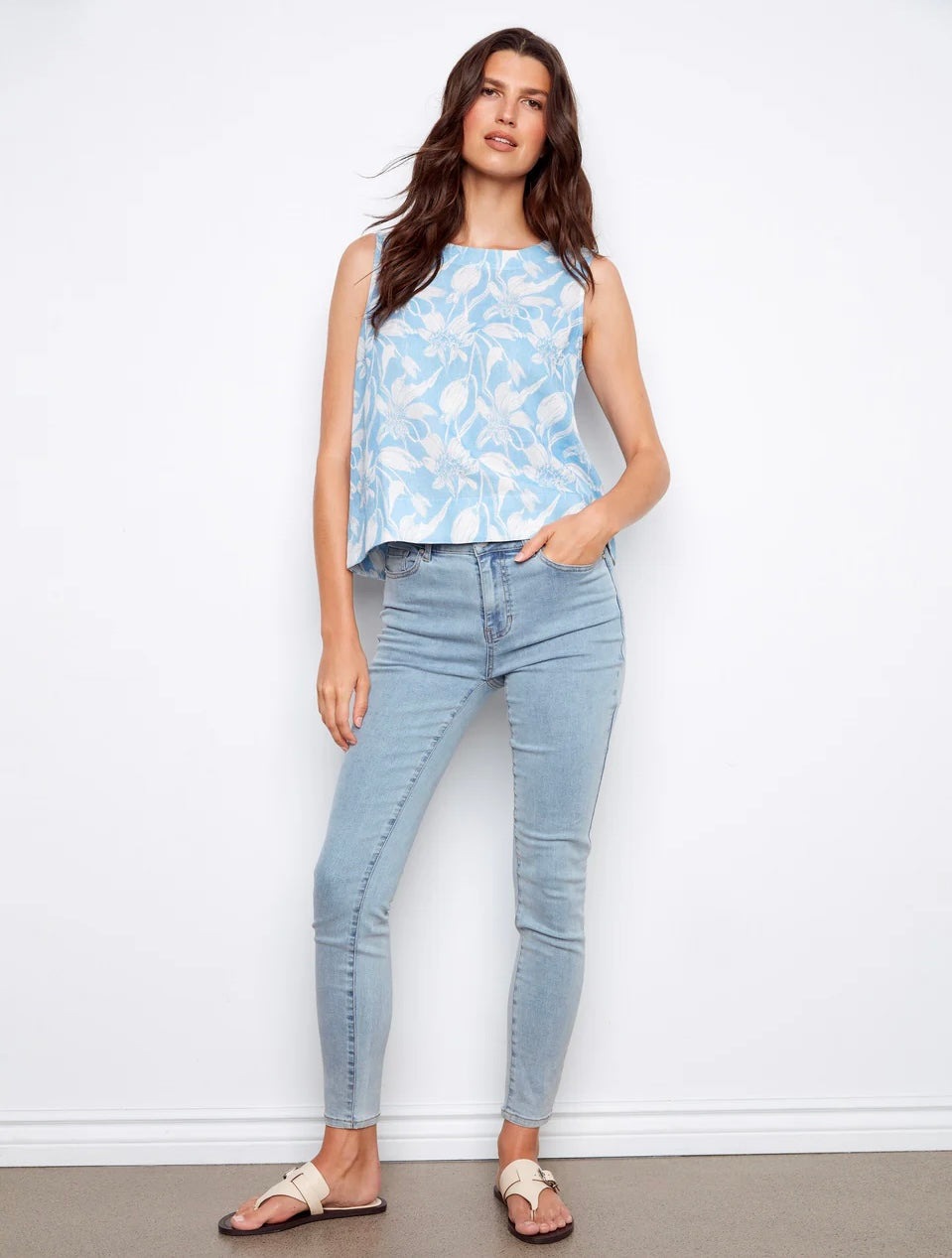 Charlie B Printed Linen Blend Blouse With Back Button Detail