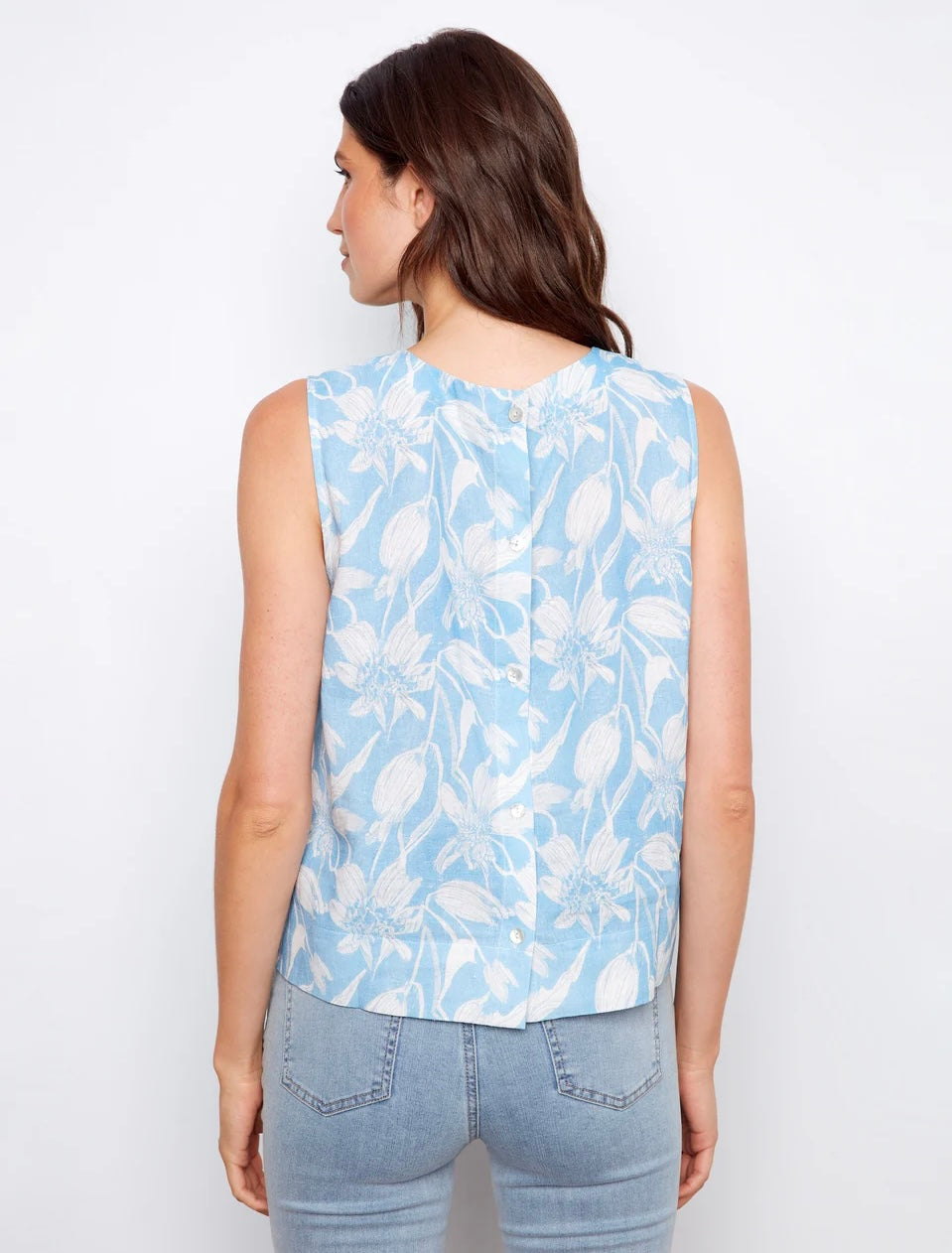 Charlie B Printed Linen Blend Blouse With Back Button Detail