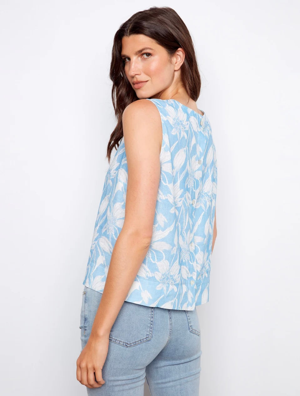 Charlie B Printed Linen Blend Blouse With Back Button Detail