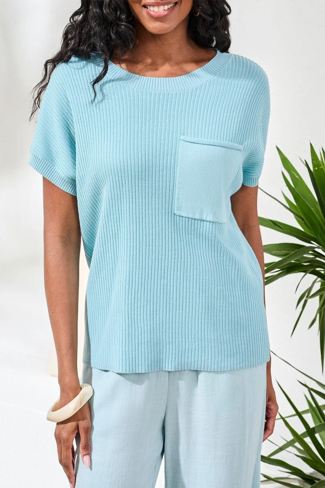 Tribal Dolman Short Sleeve Ribbed Sweater